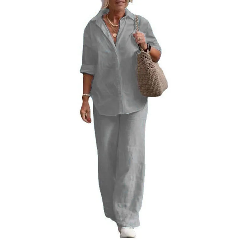Conjunto Feminino Primavera Verão Novo de Camisa e Calça, Roupas Casuais de Linho Tamanhos Grandes, Conjunto de Duas Peças Feminino - Imagem 2