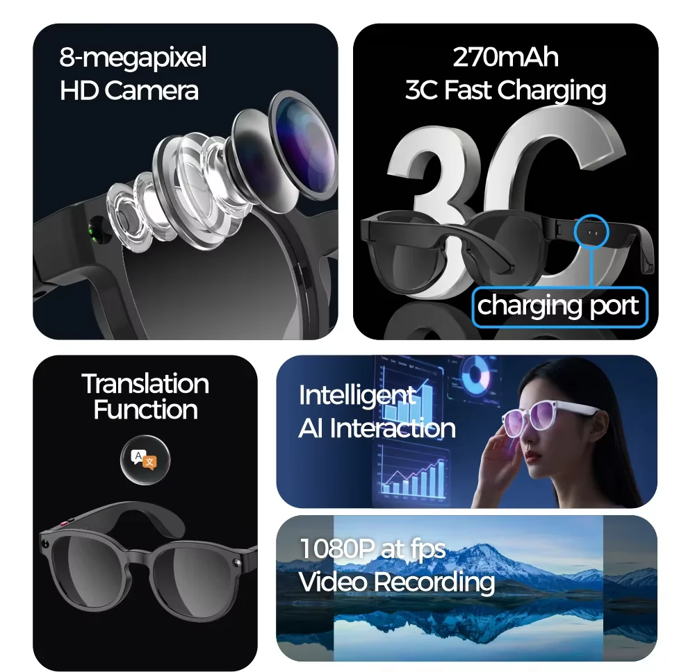 Óculos Inteligentes com Câmera Dual de 5MP, Carregamento Magnético, Tradução em Tempo Real e Áudio - Imagem 5