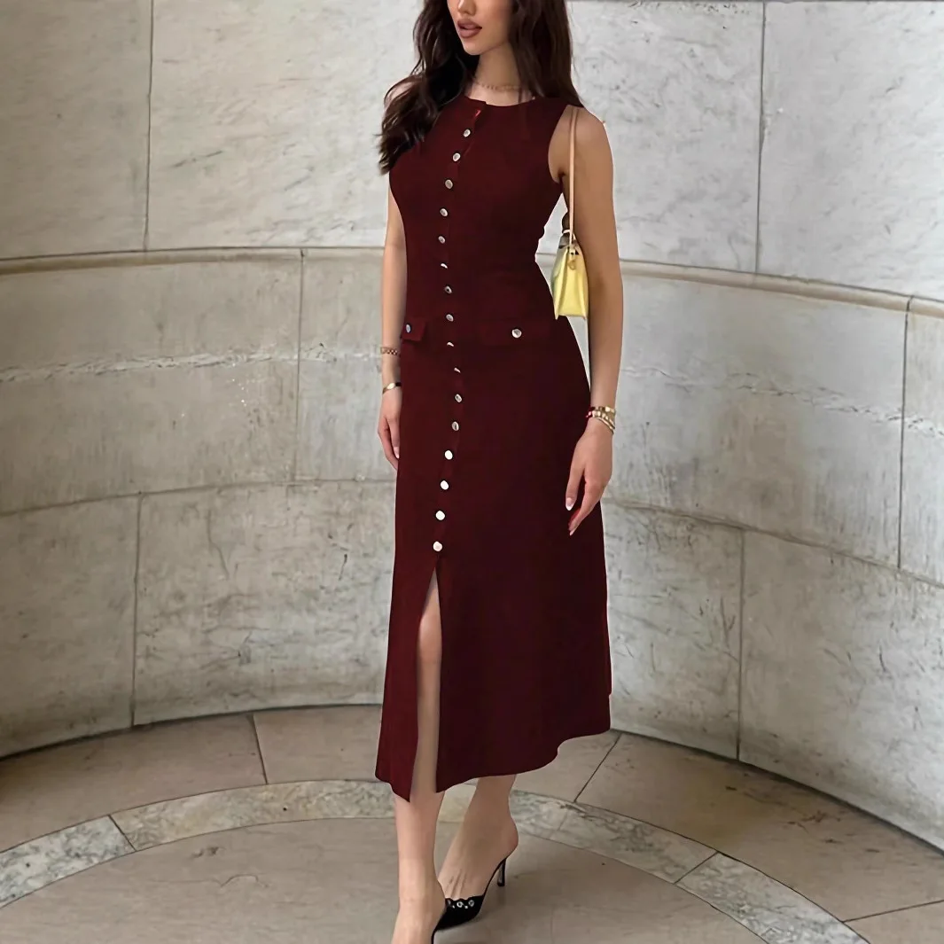 Elegante Vestidos Mulheres de malha com nervuras vestido longo com gola redonda botões sem mangas Slim Fit Sweater Dress - Imagem 2