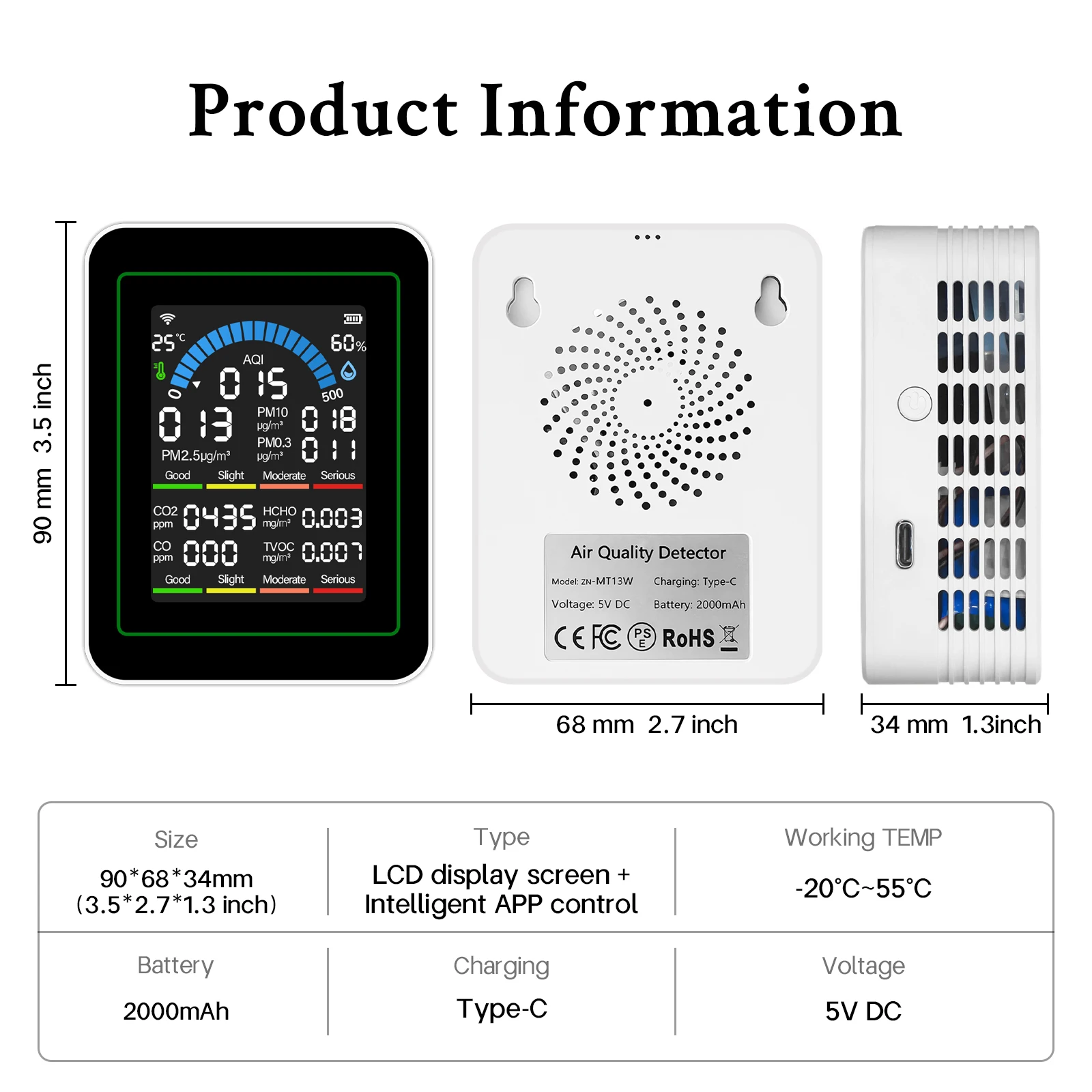 Monitor de Qualidade do Ar Interno WIFI 10-em-1 CO2 CO TVOC HCHO PM2.5 PM10 Temperatura AQI com TUYA para Casa e Escritório - Imagem 5