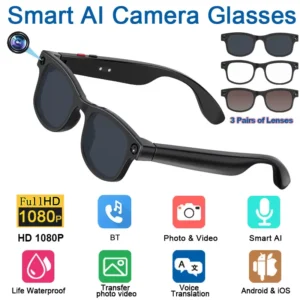 Óculos Inteligentes AIMB-G1 com Câmera de 8MP e Voz AI para Fotos e Vídeos, Gravação em 1080p, Estrutura de Metal e Plástico