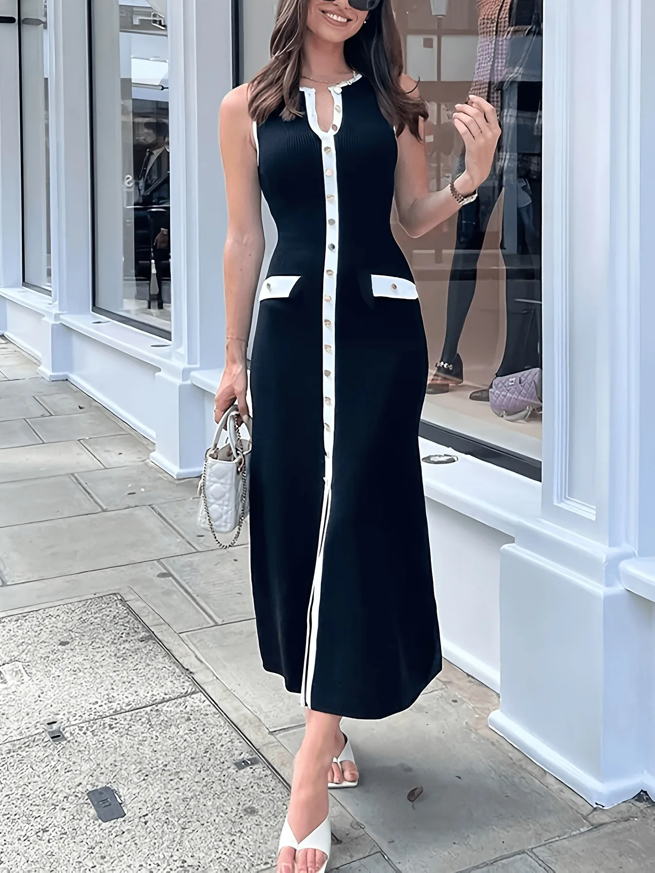 Elegante Vestidos Mulheres de malha com nervuras vestido longo com gola redonda botões sem mangas Slim Fit Sweater Dress - Imagem 8
