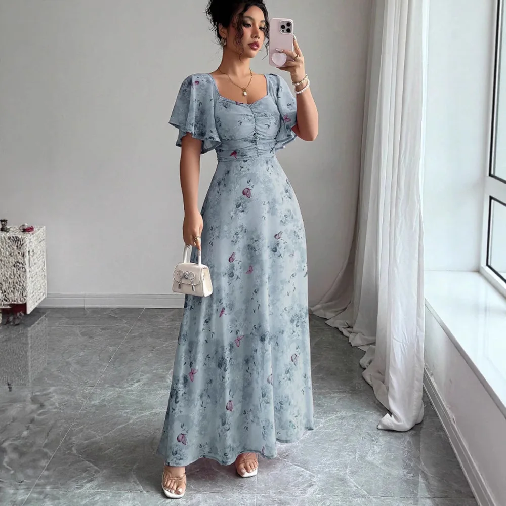 Novo Vestido Floral Feminino de Primavera e Verão com Fenda e Saia Ampla Estilo Europeu e Americano - Imagem 3