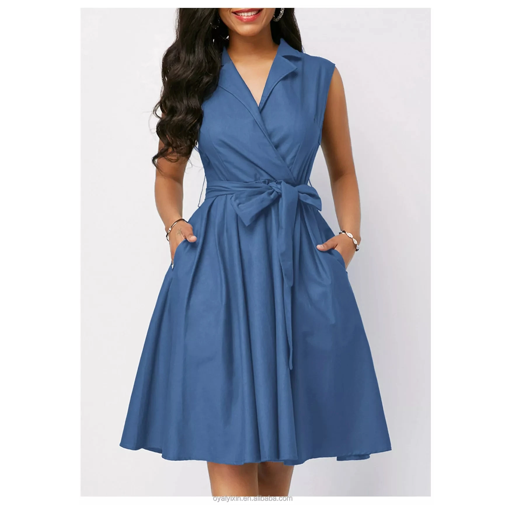 Sem Mangas Na Altura Do Joelho Cor Sólida Turn Down Collar Plus Size Vestido Casual para As Mulheres Primavera Verão Vestindo Roupas Femininas - Imagem 9