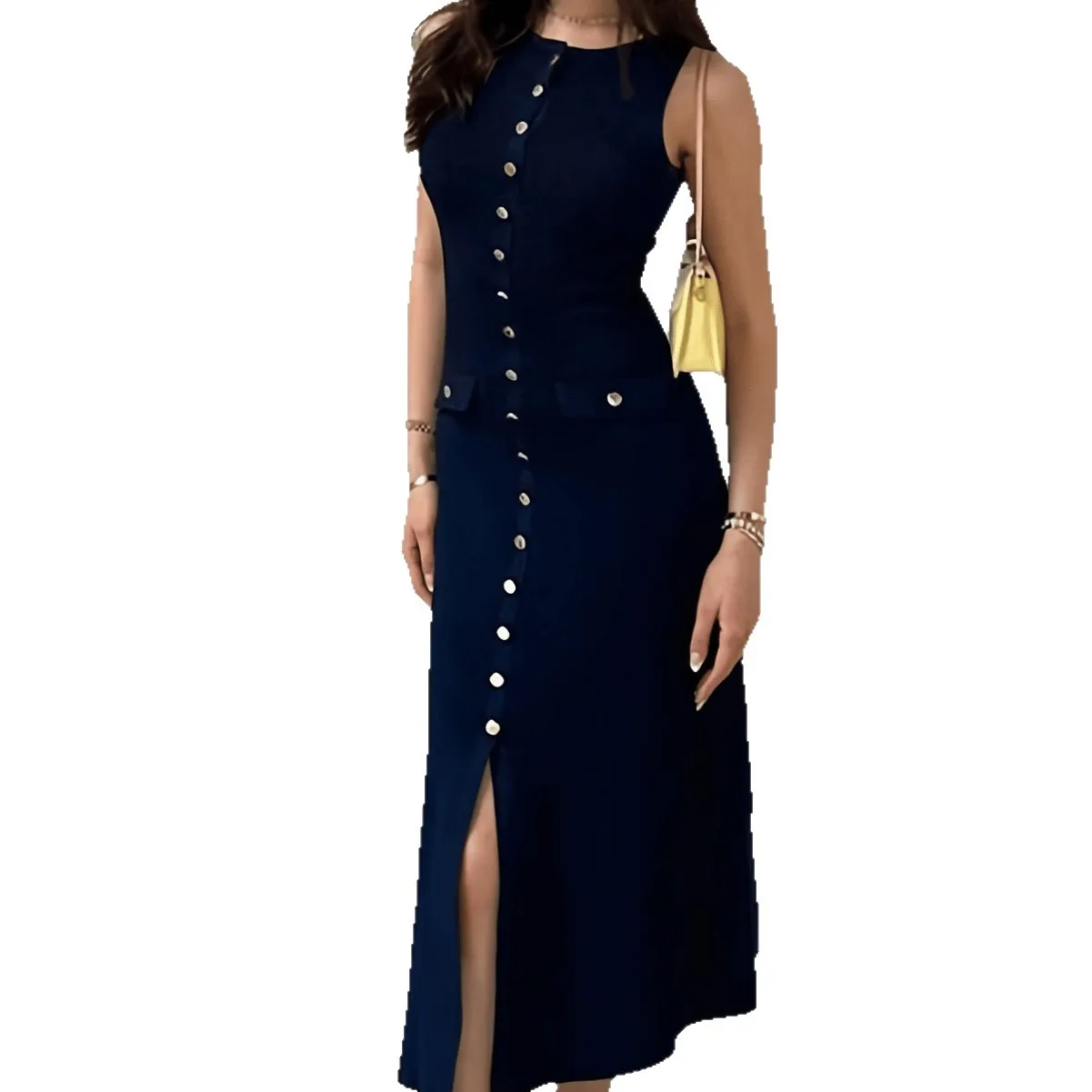 Elegante Vestidos Mulheres de malha com nervuras vestido longo com gola redonda botões sem mangas Slim Fit Sweater Dress - Imagem 5
