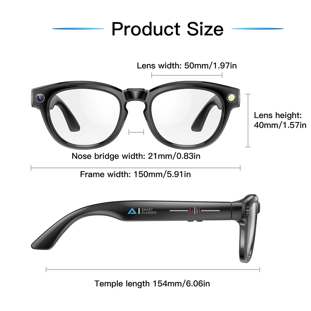 Óculos Inteligentes GS380 com Câmera, Lanterna, Gravação de Fotos e Vídeos, Tradução, Pedômetro, Distância e Fone de Ouvido Inteligente - Imagem 6