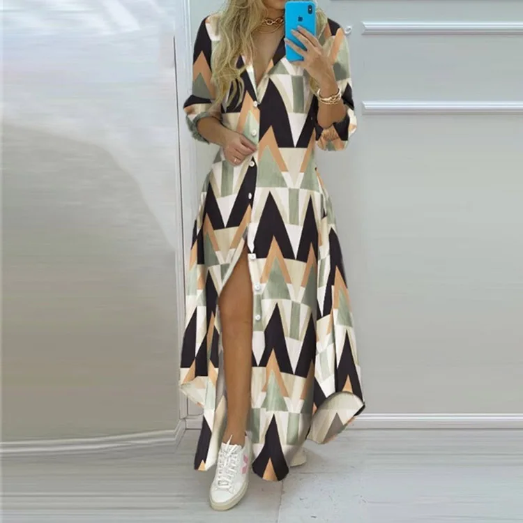 Vestido Feminino Longo Irregular com Botões Estampa de Jornais Primavera Verão - Imagem 9