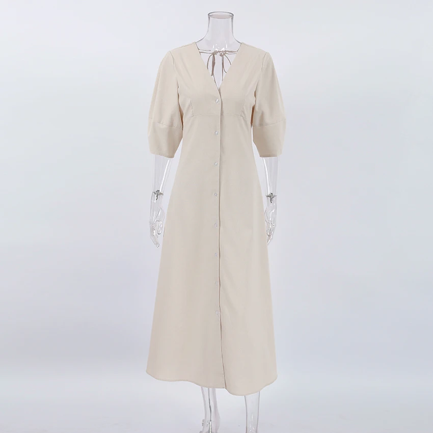 Vestido Feminino de Algodão com Decote em V OOTN, Macio, Verão 2023, Manga Bufante, Longo, Sem Costas, com Botões, Elegante, Bege, para - Imagem 4