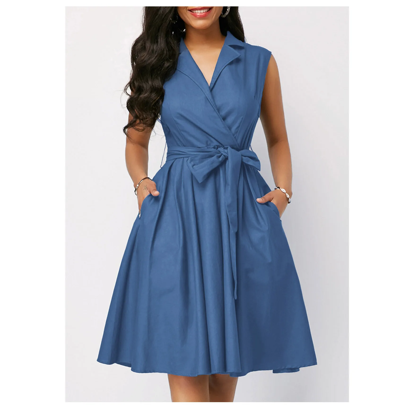 Sem Mangas Na Altura Do Joelho Cor Sólida Turn Down Collar Plus Size Vestido Casual para As Mulheres Primavera Verão Vestindo Roupas Femininas - Imagem 5