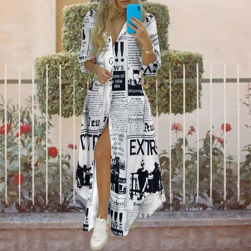 Vestido Feminino Longo Irregular com Botões Estampa de Jornais Primavera Verão - Imagem 12