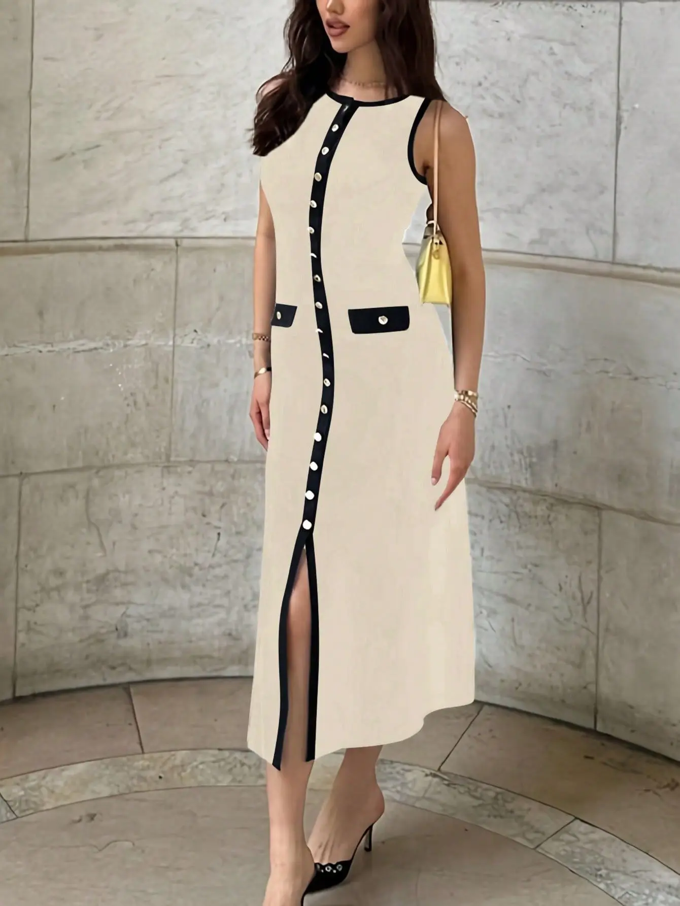 Elegante Vestidos Mulheres de malha com nervuras vestido longo com gola redonda botões sem mangas Slim Fit Sweater Dress - Imagem 9