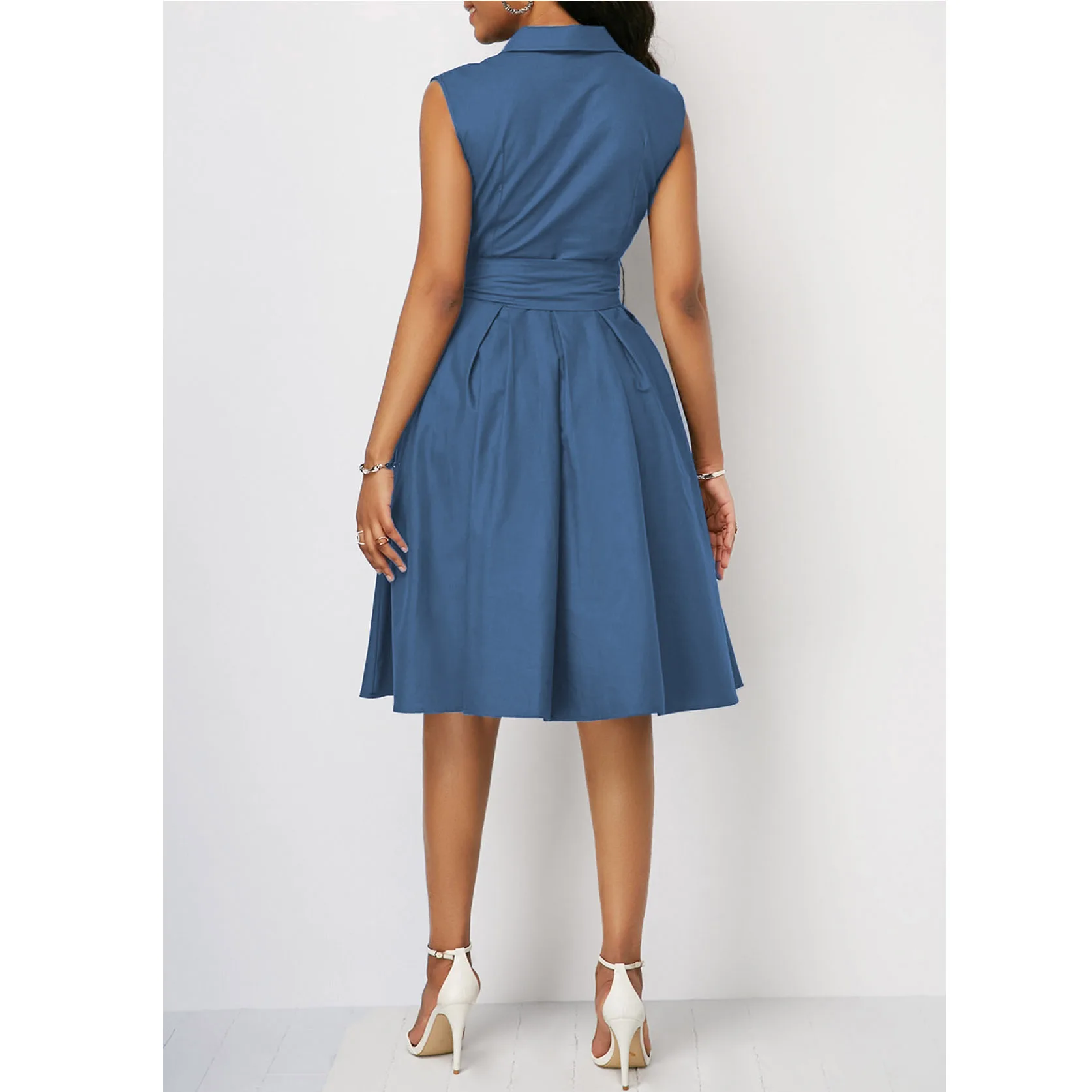 Sem Mangas Na Altura Do Joelho Cor Sólida Turn Down Collar Plus Size Vestido Casual para As Mulheres Primavera Verão Vestindo Roupas Femininas - Imagem 6