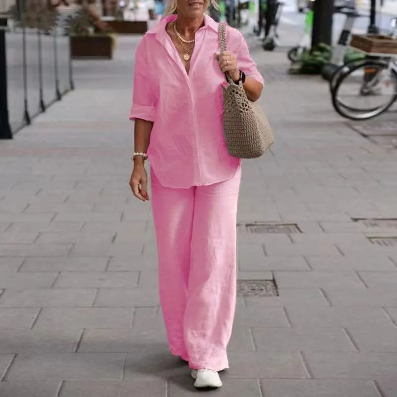 Conjunto Feminino Primavera Verão Novo de Camisa e Calça, Roupas Casuais de Linho Tamanhos Grandes, Conjunto de Duas Peças Feminino - Imagem 5