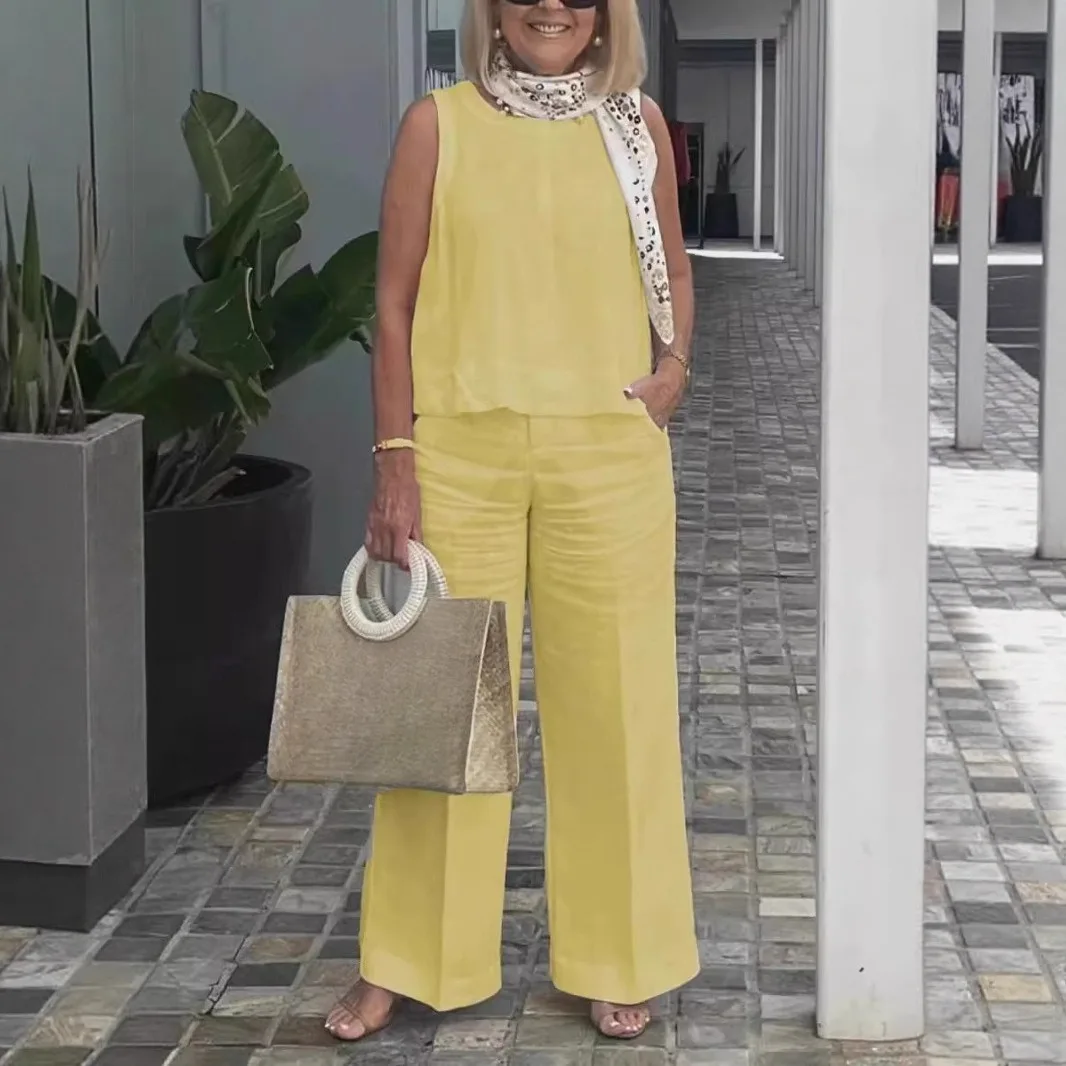 Novo Conjunto de Verão em Algodão e Linho Sem Mangas em Cor Sólida - Imagem 3