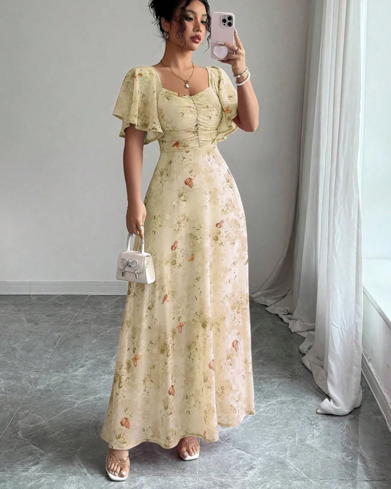 Novo Vestido Floral Feminino de Primavera e Verão com Fenda e Saia Ampla Estilo Europeu e Americano - Imagem 10