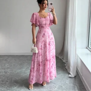 Novo Vestido Floral Feminino de Primavera e Verão com Fenda e Saia Ampla Estilo Europeu e Americano