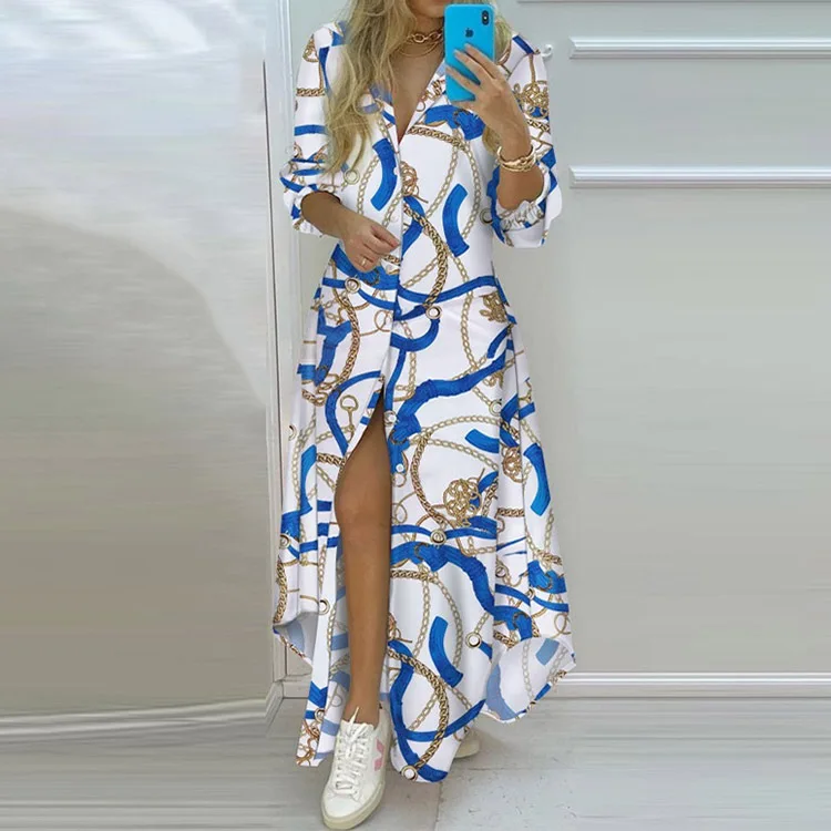 Vestido Feminino Longo Irregular com Botões Estampa de Jornais Primavera Verão - Imagem 10