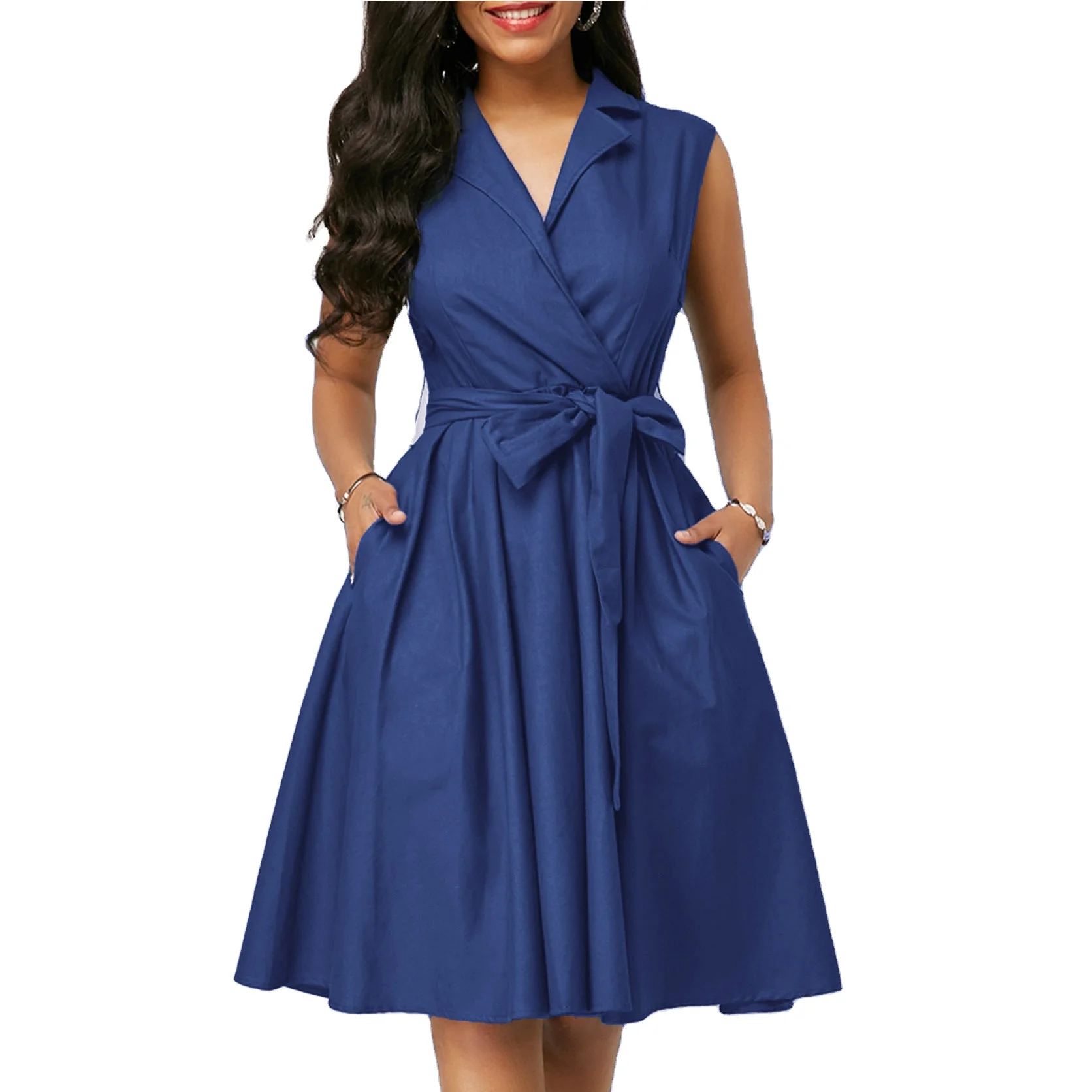 Sem Mangas Na Altura Do Joelho Cor Sólida Turn Down Collar Plus Size Vestido Casual para As Mulheres Primavera Verão Vestindo Roupas Femininas - Imagem 7