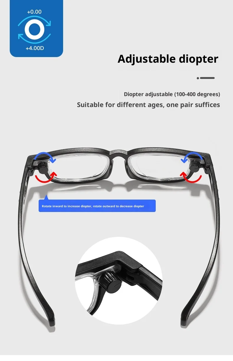Óculos de Leitura Inteligentes para Idosos com Lentes de Comprimento Focal Ajustável e Proteção Anti-luz Azul, Armação TR90, Grau 100-400 para - Imagem 12