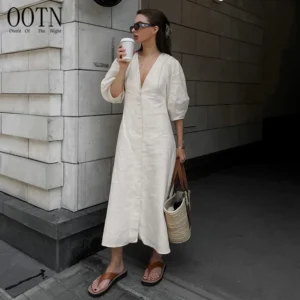 Vestido Feminino de Algodão com Decote em V OOTN, Macio, Verão 2023, Manga Bufante, Longo, Sem Costas, com Botões, Elegante, Bege, para