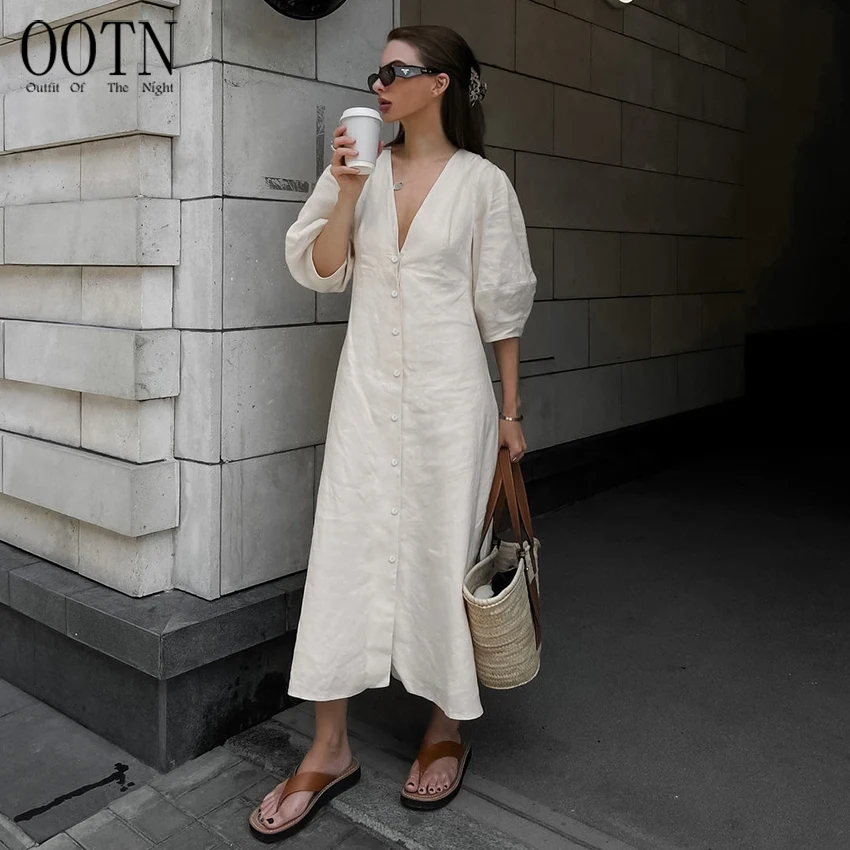 Vestido Feminino de Algodão com Decote em V OOTN, Macio, Verão 2023, Manga Bufante, Longo, Sem Costas, com Botões, Elegante, Bege, para