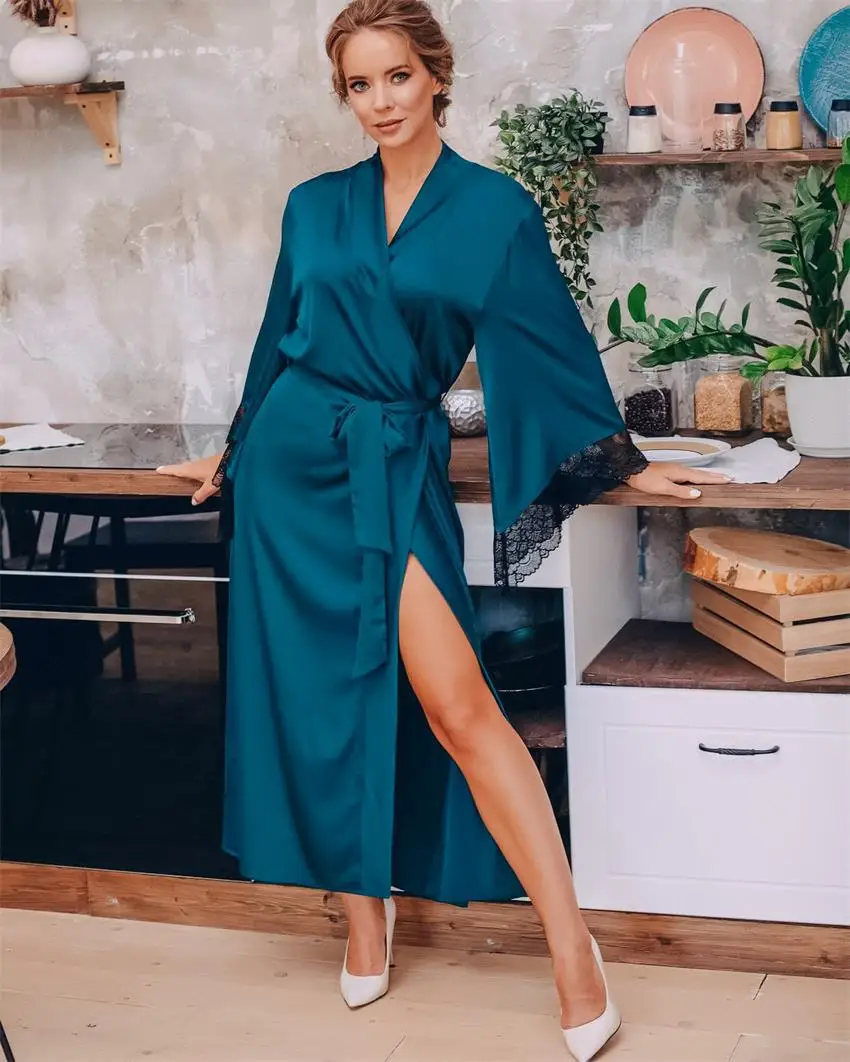 Robes de noiva, roupões longos personalizados de seda cetim para mulheres, roupões de dama de honra, casamento - Imagem 3