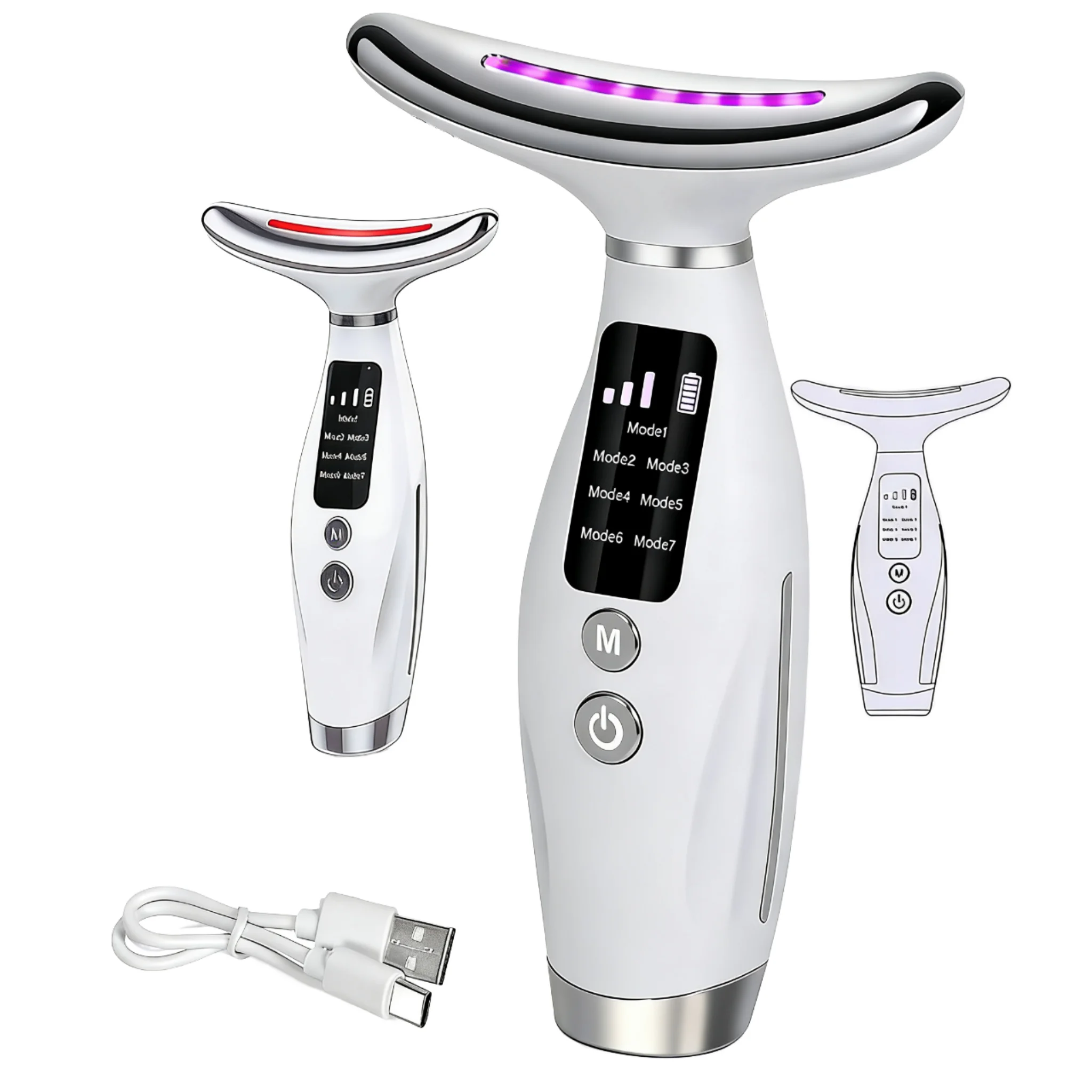 Massageador de Beleza para Lifting Facial e do Pescoço 2026 com Luz de 7 Cores, Aquecimento e Vibração, Alimentado por USB para Uso Doméstico