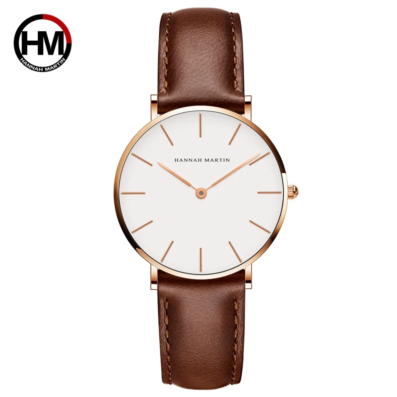 Relógio de quartzo impermeável feminino, relógios de couro marrom, mostrador bra