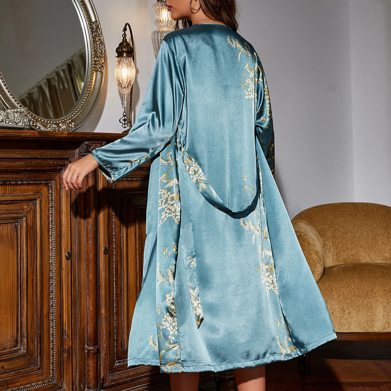 Roupões de Seda Femininos para Noivas e Damas de Honra, Kimono de Cetim, Robe de Banho com Decote em V, Pijamas de Cetim, Lingerie de Dia dos Namorados com Cinto para Mulheres - Imagem 6