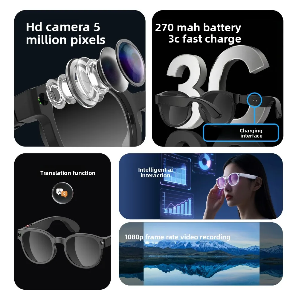 Novos Óculos Inteligentes AIMB-S1 com Câmera de 5MP, Reprodução de Música, Gravação de Chamadas + Gravação de Vídeo + Tradução por IA + - Imagem 9