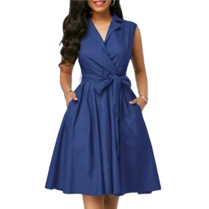 Sem Mangas Na Altura Do Joelho Cor Sólida Turn Down Collar Plus Size Vestido Casual para As Mulheres Primavera Verão Vestindo Roupas Femininas