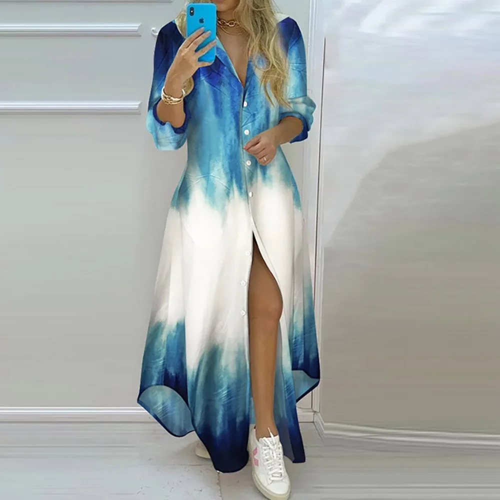 Vestido Feminino Longo Irregular com Botões Estampa de Jornais Primavera Verão - Imagem 4