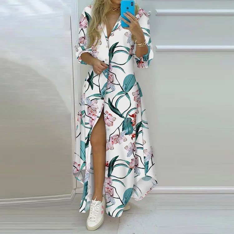 Vestido Feminino Longo Irregular com Botões Estampa de Jornais Primavera Verão - Imagem 16