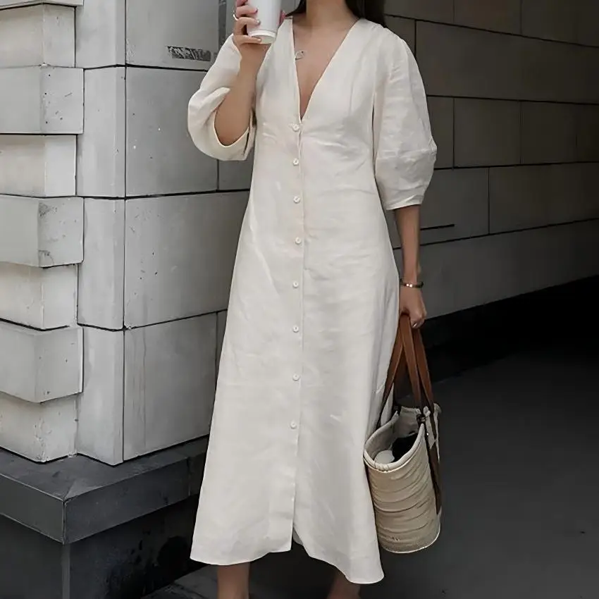 Vestido Feminino de Algodão com Decote em V OOTN, Macio, Verão 2023, Manga Bufante, Longo, Sem Costas, com Botões, Elegante, Bege, para - Imagem 7