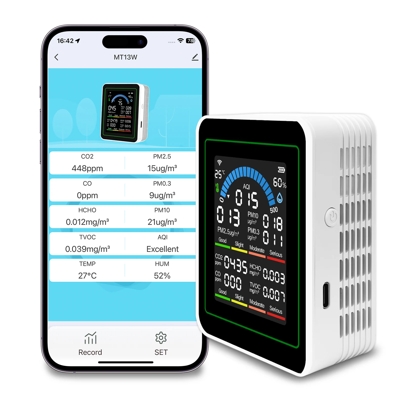 Monitor de Qualidade do Ar Interno WIFI 10-em-1 CO2 CO TVOC HCHO PM2.5 PM10 Temperatura AQI com TUYA para Casa e Escritório