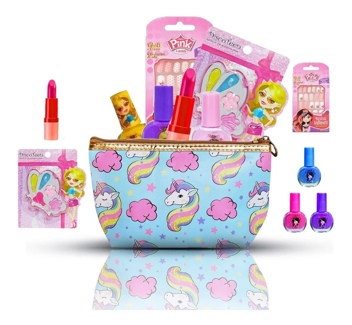 Conjunto de Maquiagens Infantis + Unhas Postiças + Necessaire + Paleta de Sombra