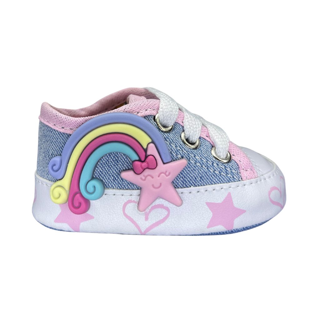 Tênis de bebê menina Starzinho Arco Íris e Estrelinha (Jeans) Tamanho:16;Cor:Ros
