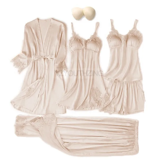 Conjunto de pijama feminino renda sólida cetim pijamas pete femme verão pijamas - Imagem 16