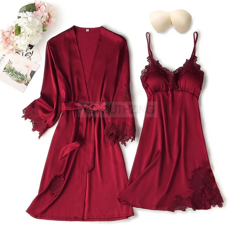Conjunto de pijama feminino renda sólida cetim pijamas pete femme verão pijamas - Imagem 42