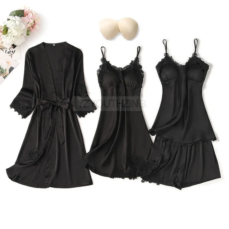 Conjunto de pijama feminino renda sólida cetim pijamas pete femme verão pijamas - Imagem 4
