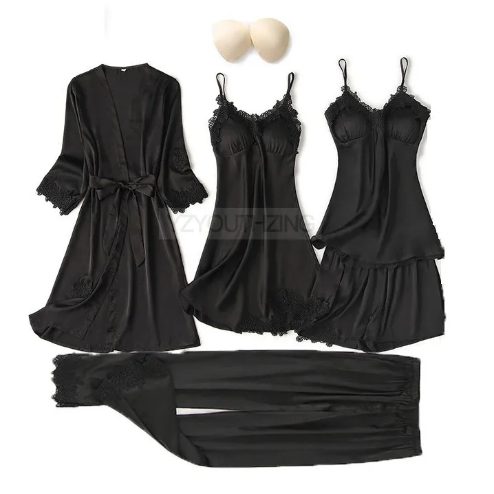 Conjunto de pijama feminino renda sólida cetim pijamas pete femme verão pijamas - Imagem 3