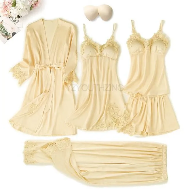 Conjunto de pijama feminino renda sólida cetim pijamas pete femme verão pijamas - Imagem 17