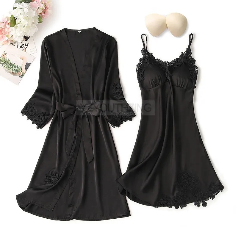 Conjunto de pijama feminino renda sólida cetim pijamas pete femme verão pijamas - Imagem 5