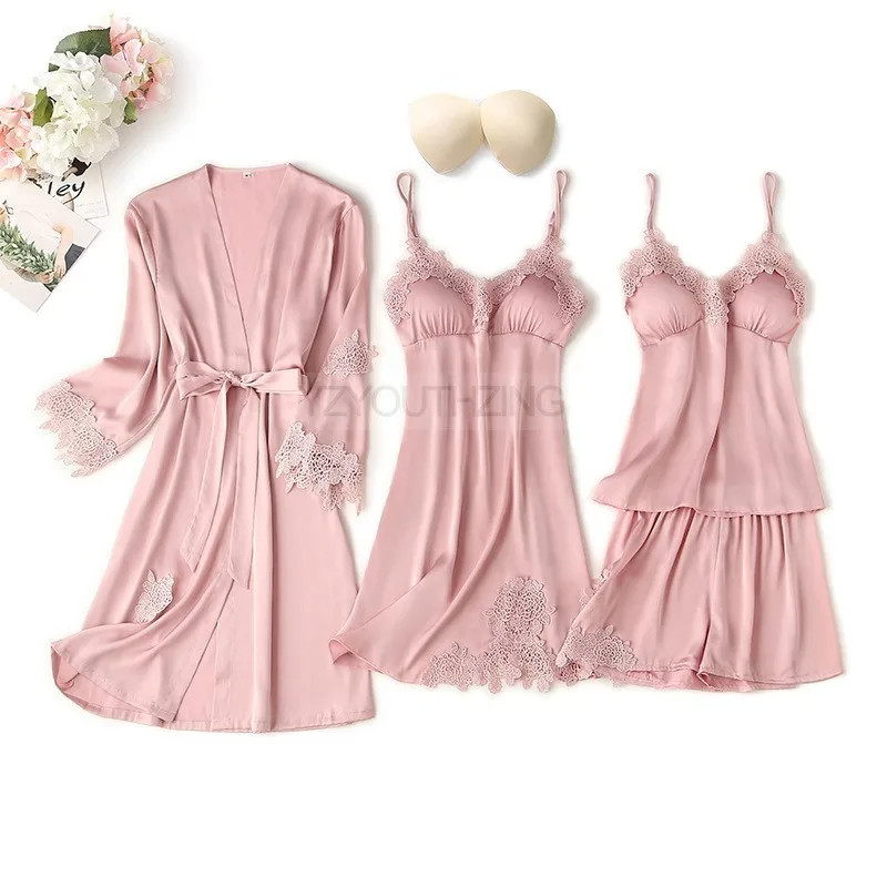 Conjunto de pijama feminino renda sólida cetim pijamas pete femme verão pijamas - Imagem 7