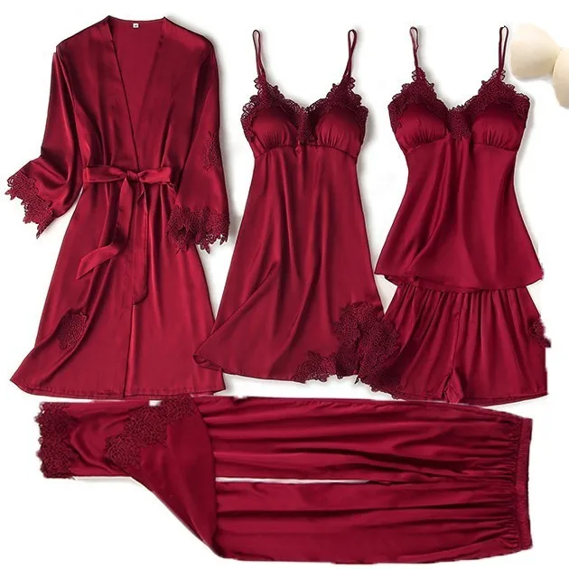 Conjunto de pijama feminino renda sólida cetim pijamas pete femme verão pijamas - Imagem 29