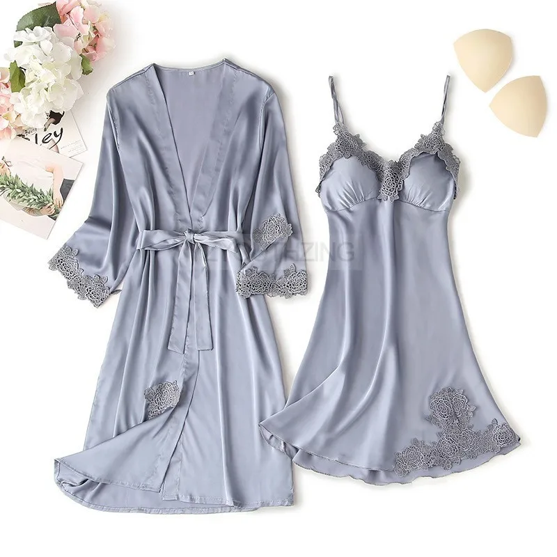 Conjunto de pijama feminino renda sólida cetim pijamas pete femme verão pijamas - Imagem 45