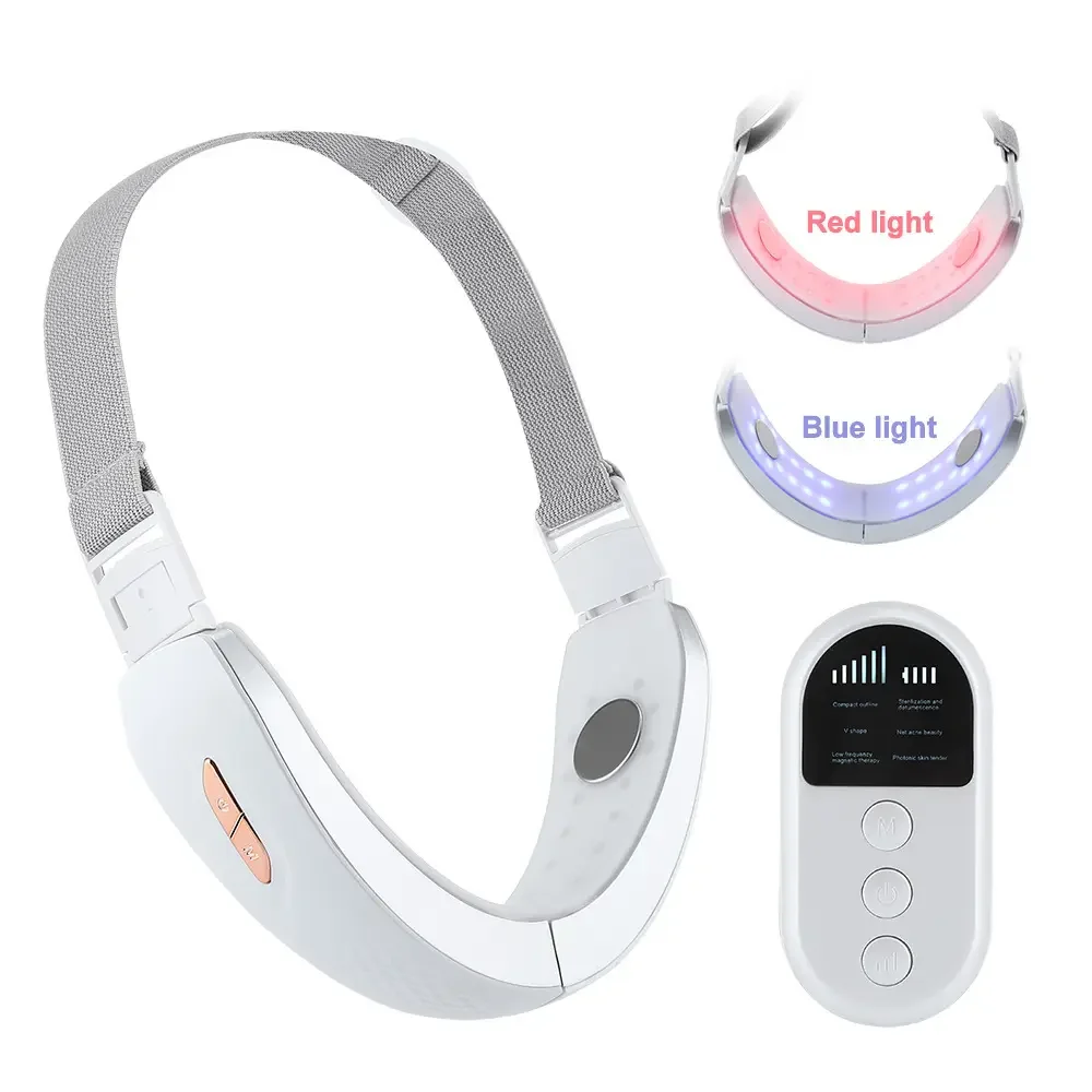 Massageador Profissional EMS e LED Vermelho/Azul para Lifting Facial e do Pescoço em Formato V com Efeito de Rejuvenescimento e Firmeza da Pele – Dispositivo de Beleza Portátil