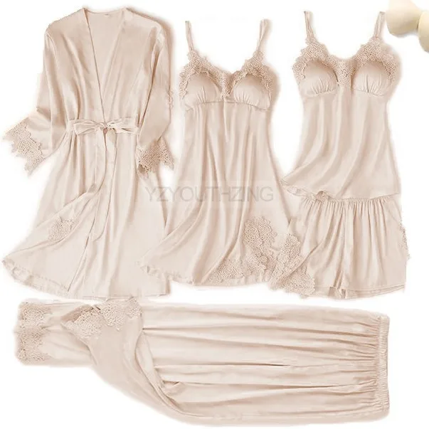 Conjunto de pijama feminino renda sólida cetim pijamas pete femme verão pijamas - Imagem 31