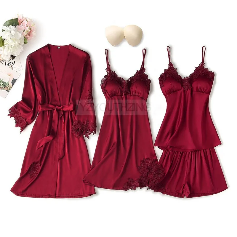Conjunto de pijama feminino renda sólida cetim pijamas pete femme verão pijamas - Imagem 41