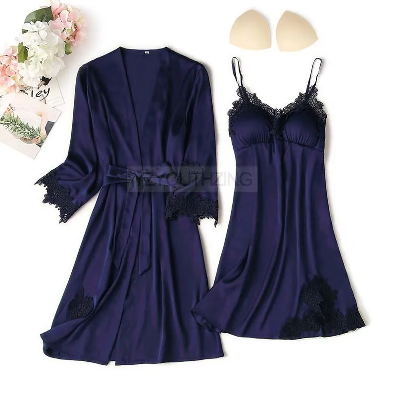 Conjunto de pijama feminino renda sólida cetim pijamas pete femme verão pijamas - Imagem 2